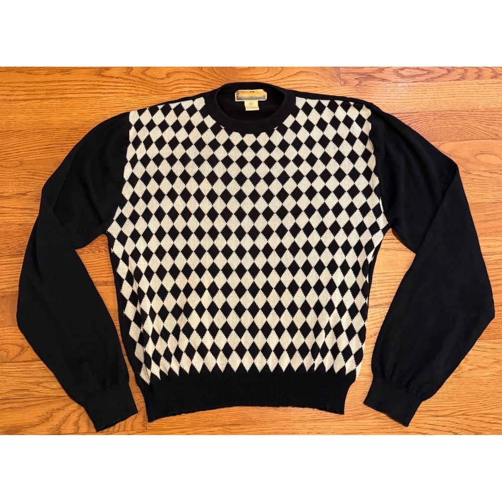Bobby Chan Mens Silk Cotton Argyle Diamond Knit Crewneck Sweater Black White M